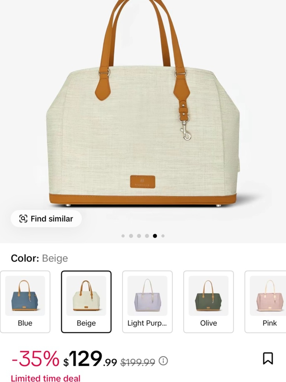 Beige Canvas Tote with Tan Leather Trim